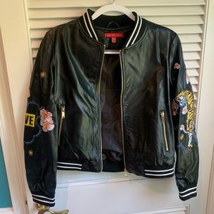 1. NWOT Faux Leather black bomber w embroidery XS